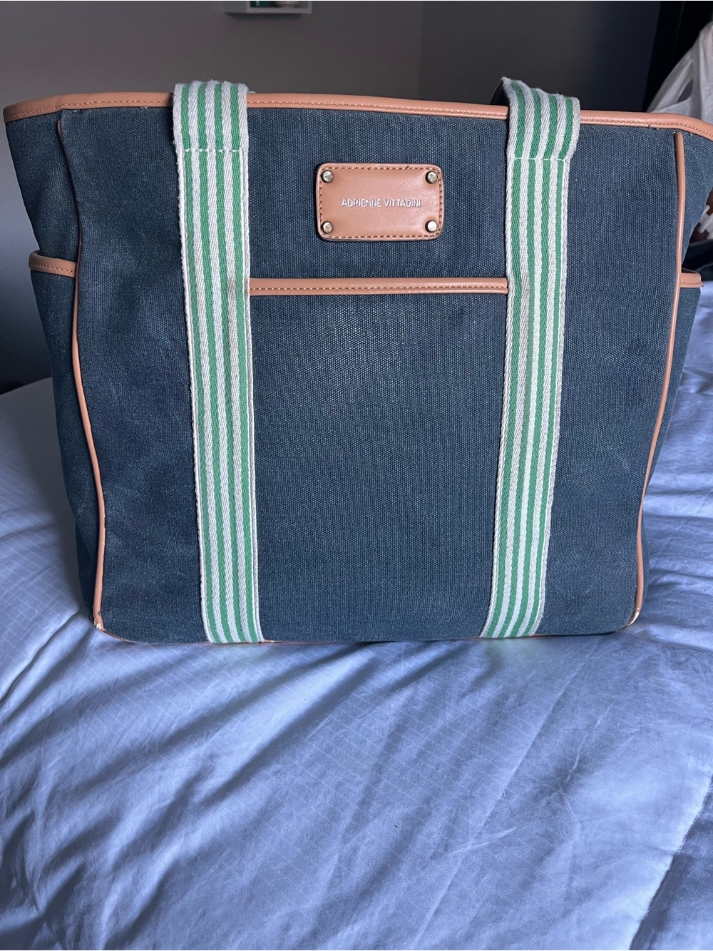 Adrienne Vittadini Blue Canvas Tote with Green Striped Handles